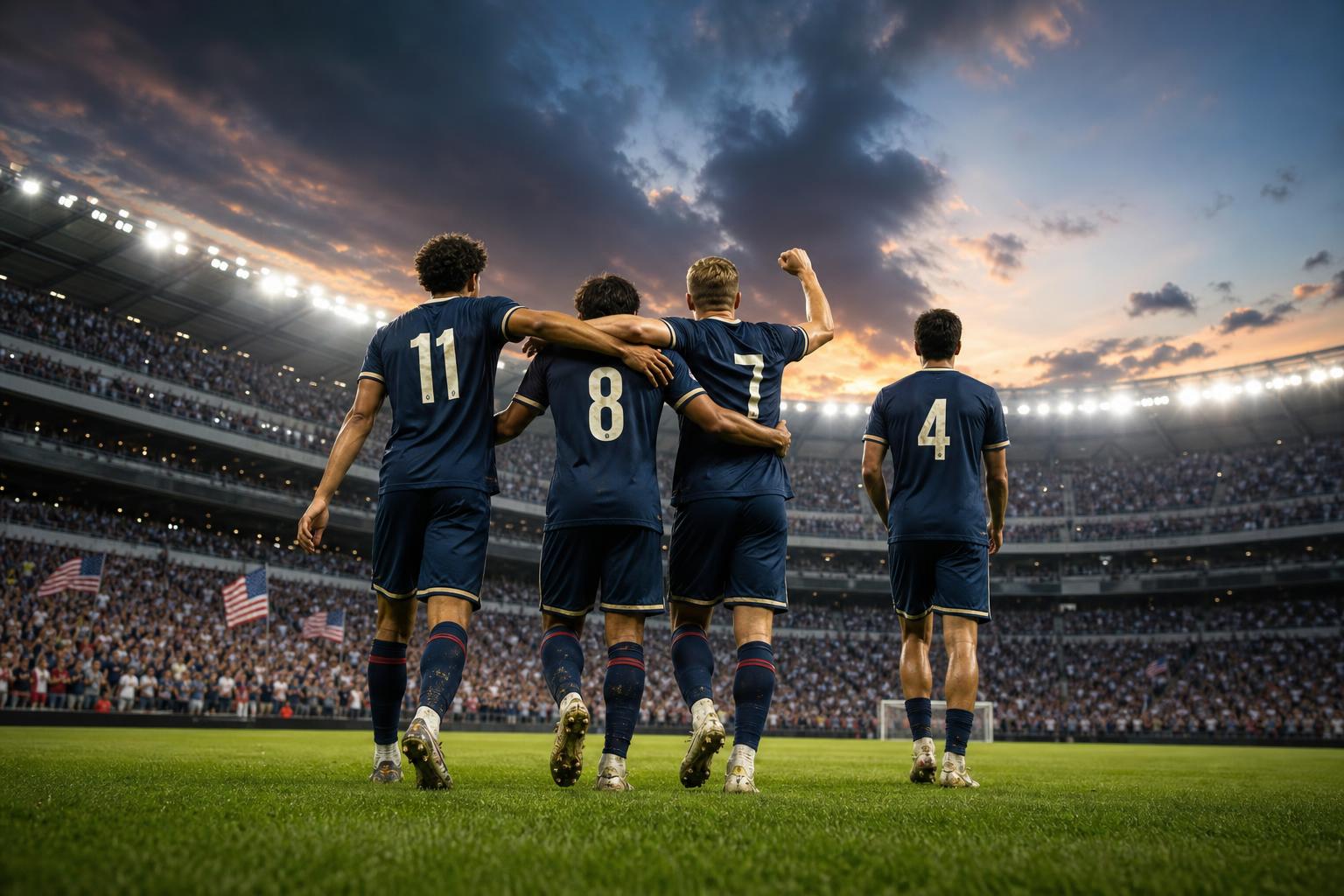 United States national soccer team players celebrating in a stadium during the 2026 World Cup
